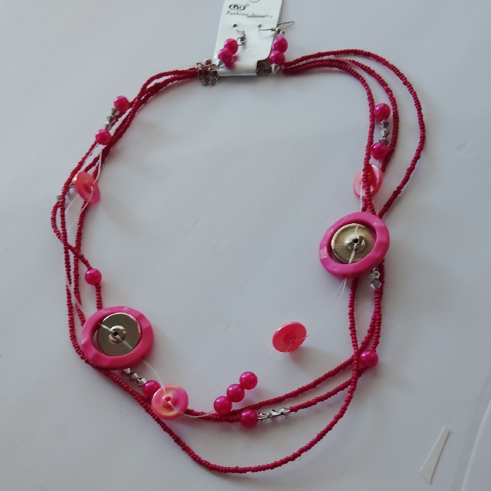 Pink and Red Beaded Necklace Set